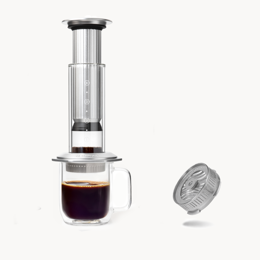 aeropress-recipe-bundle-premium-kaffeebereiter-silber-glas image 1